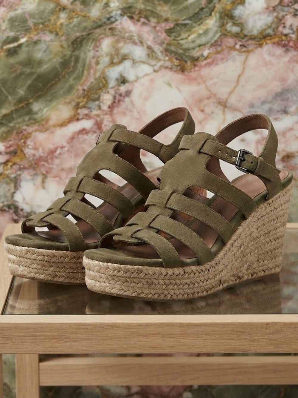 REPORT Green & Tan Strappy Espadrille Platform Wedge Sandals 4" Heel
